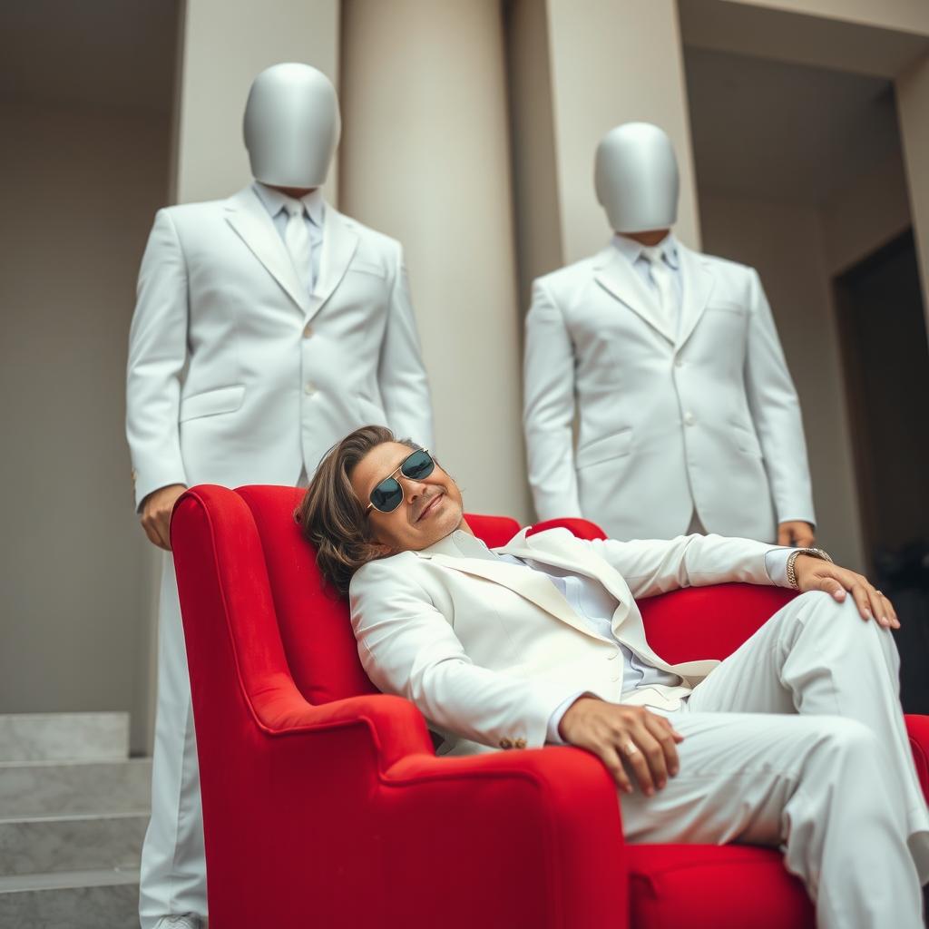 A brown semilong haired man wearing sunglasses is comfortably sitting on a vibrant red armchair