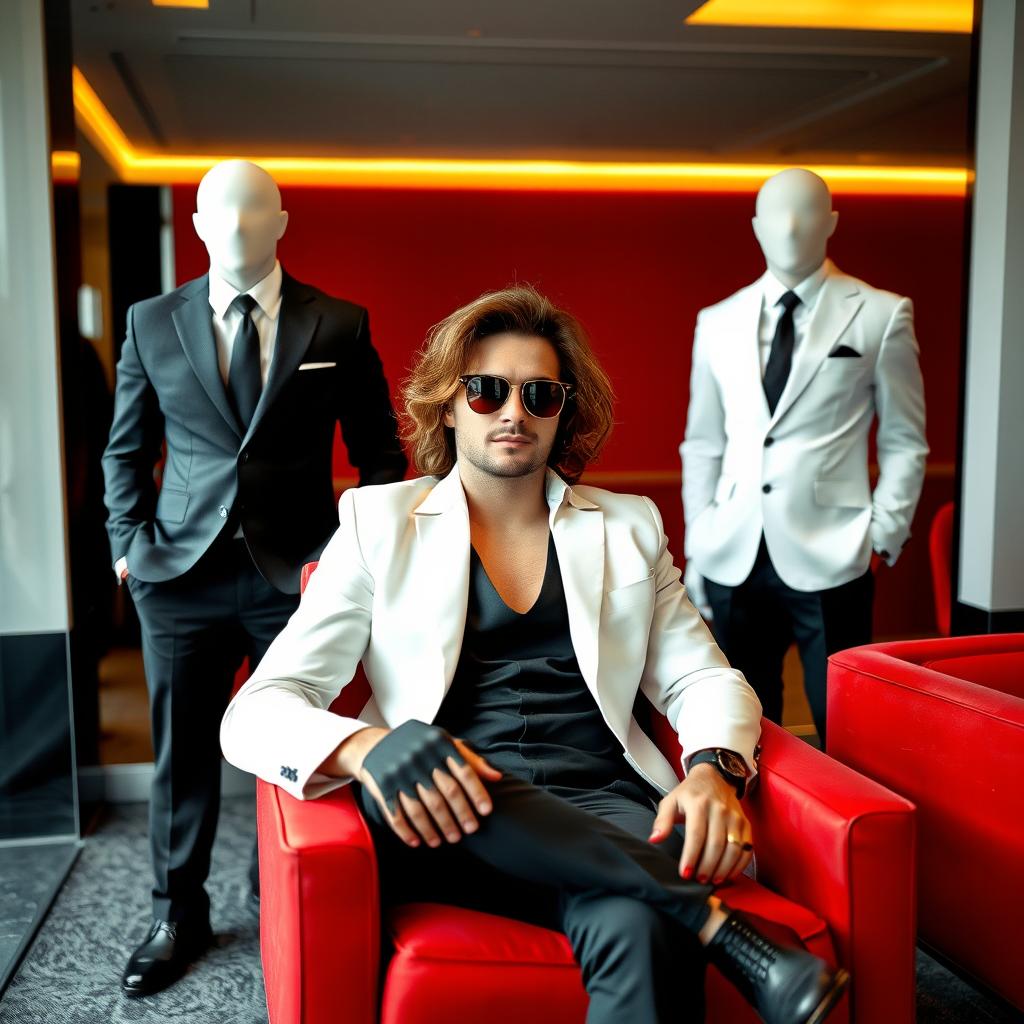 A stylish man with brown semi-long wavy hair, wearing trendy sunglasses, is relaxed while sitting on a vibrant red armchair
