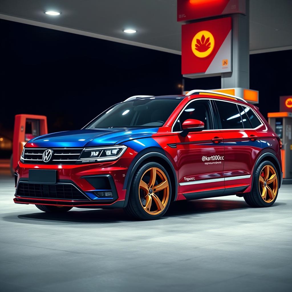 Ultra-realistic 8K render of a sporty Volkswagen Tiguan Allspace, in a 3/4 front angle, split in half by a zig-zag cut: the left half in deep metallic blue, and the right half in vibrant metallic red, featuring a glossy finish and realistic reflections