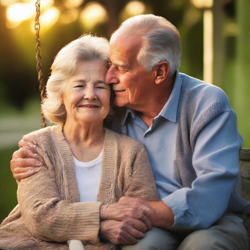 A tender scene of a senior couple sitting on a porch swing, hands gently entwined. The sunset paints a golden hue on their faces, symbolizing enduring, real love.