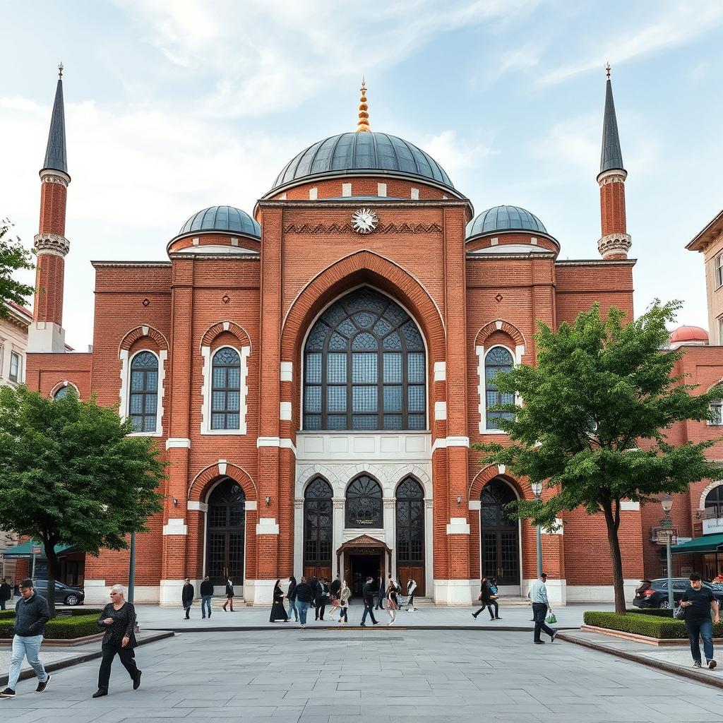 An exterior view of a majestic Persian mosque, inspired by the Islamic architecture of the Safavid era