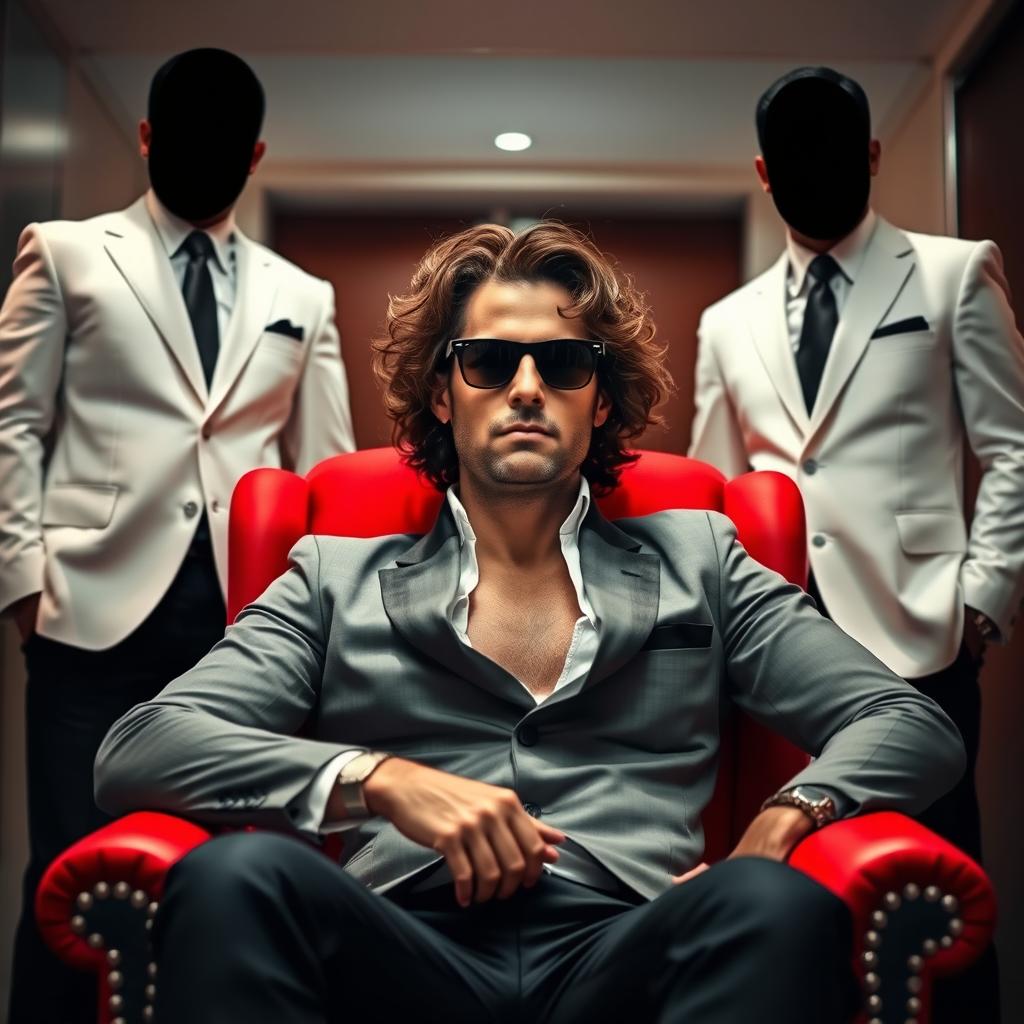 A stylish man with brown shoulder-length curly hair wearing sunglasses, seated comfortably in a vibrant red armchair