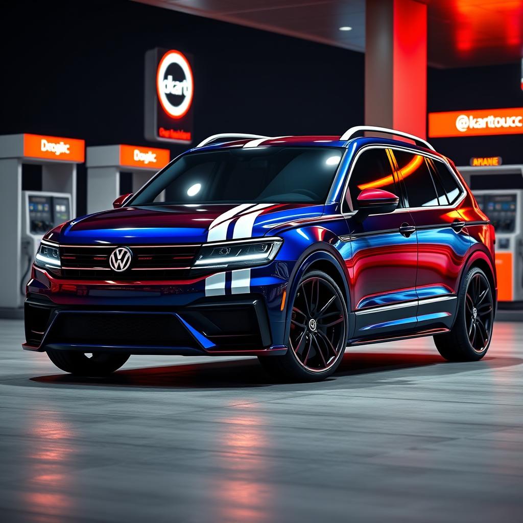 Ultra-realistic (8K) render of a Volkswagen Tiguan Allspace sport model, viewed from a 3/4 frontal angle, split down the middle with a sharp cut featuring two white stripes