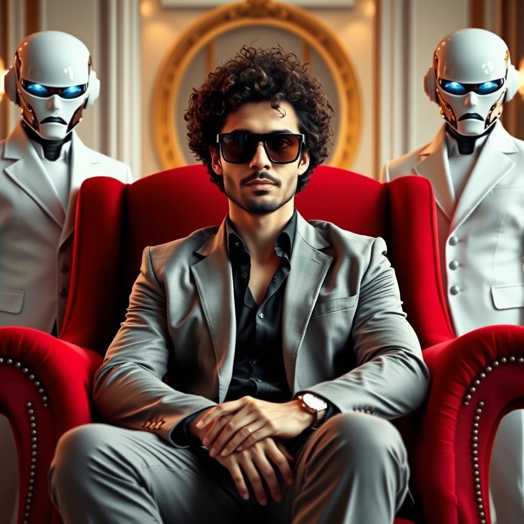 A dark brown curly-haired man wearing stylish sunglasses sits comfortably on a large, luxurious red armchair