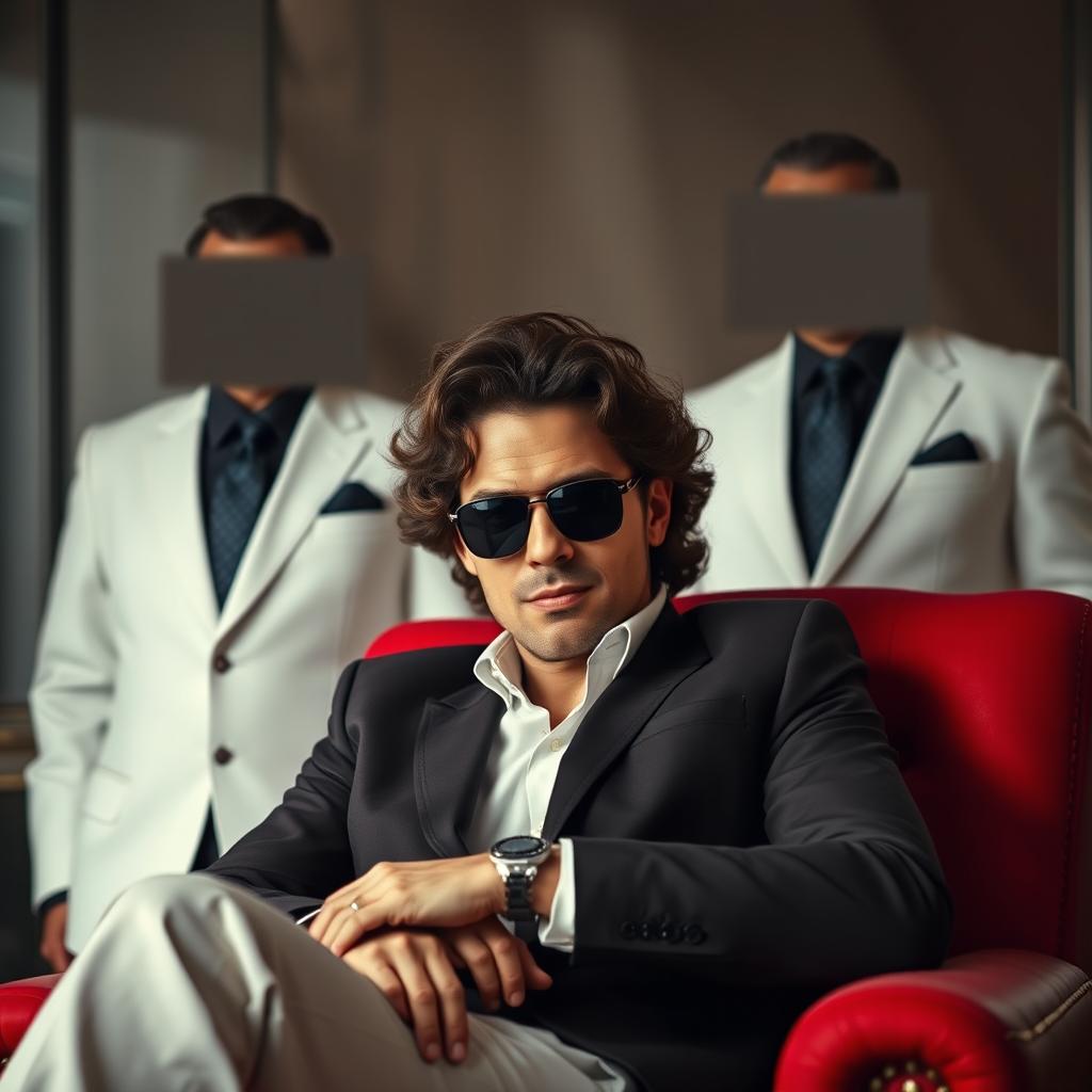 A dark medium brown wavy curly haired man wearing stylish sunglasses, relaxed and confidently sitting on a large red armchair