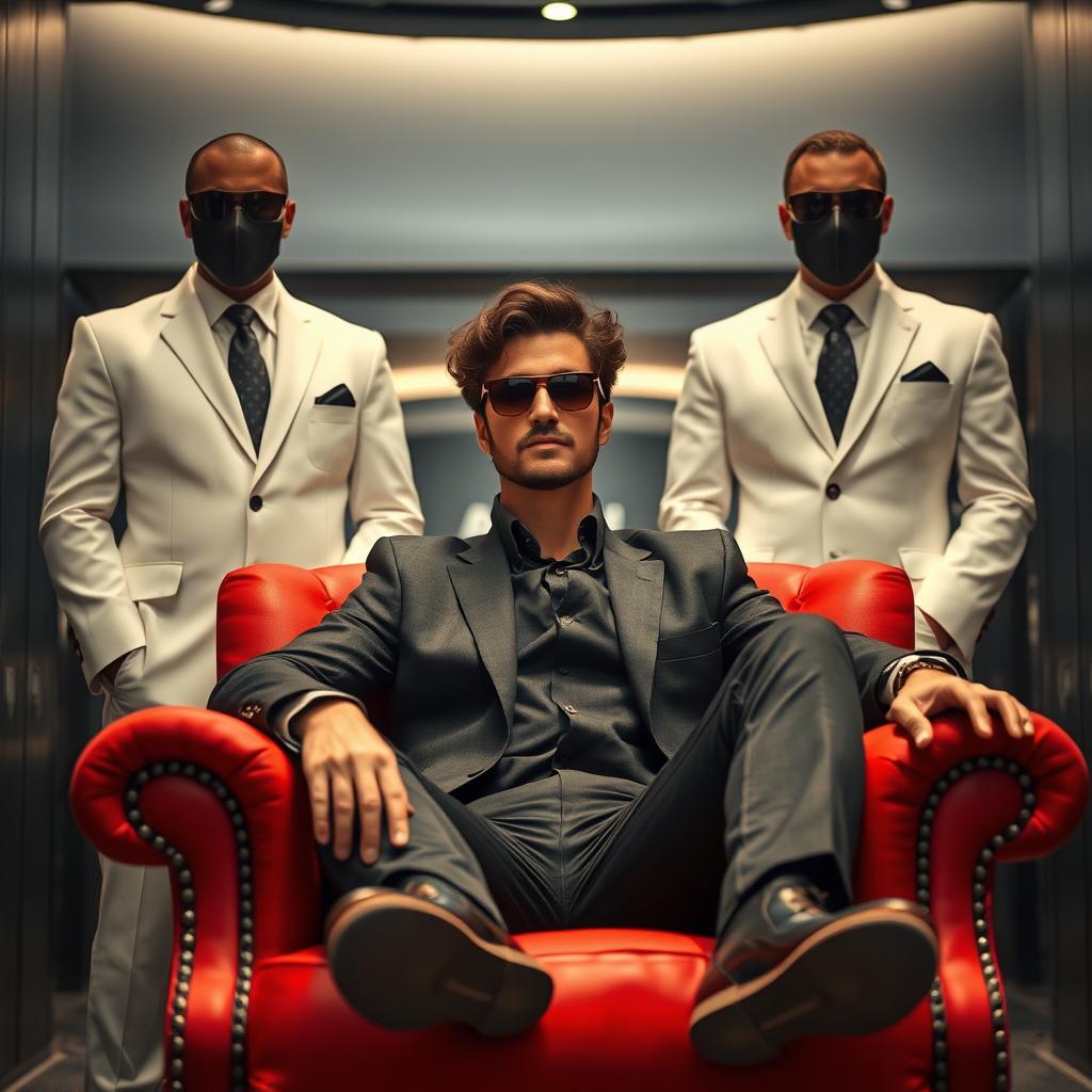 A dark medium brown wavy curly haired man wearing stylish sunglasses, comfortably sitting on a large, luxurious red armchair
