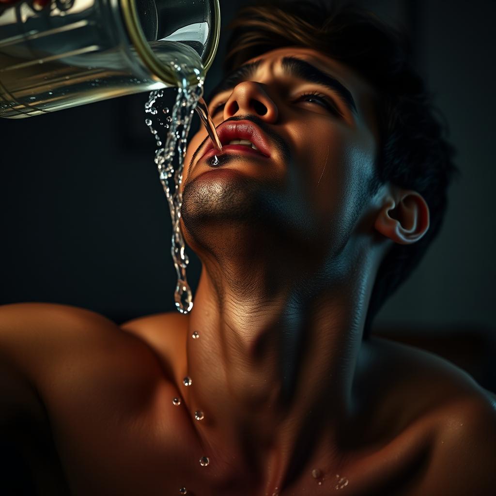 A dramatic scene featuring a man with tears streaming down his face as he tilts his head back, pouring water from a pitcher into his mouth