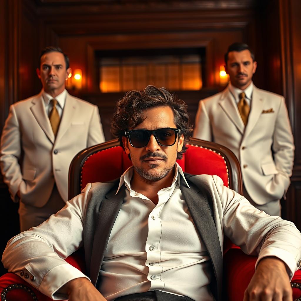 A dark medium brown wavy curly haired man wearing stylish sunglasses, comfortably seated in a classic red armchair