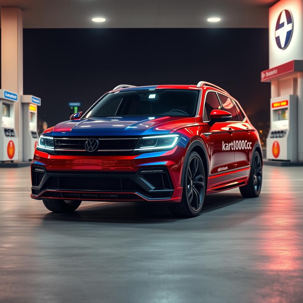 Render an ultra-Volkswagen Tiguan Allspace esportivo from a 3/4 front angle, divided down the middle by a clean cut