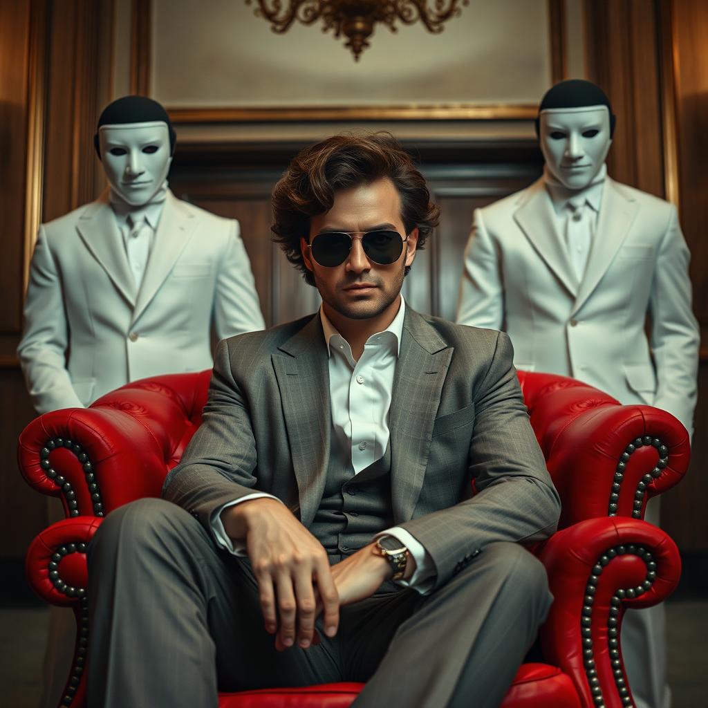 A dark medium brown haired man with wavy curls and stylish sunglasses, sitting comfortably on a classic red armchair