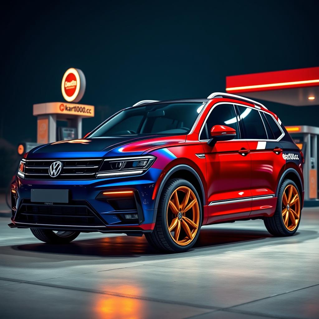 Ultra-realistic 8K render of a sporty Volkswagen Tiguan Allspace, 3/4 frontal angle, split down the middle with a clean cut