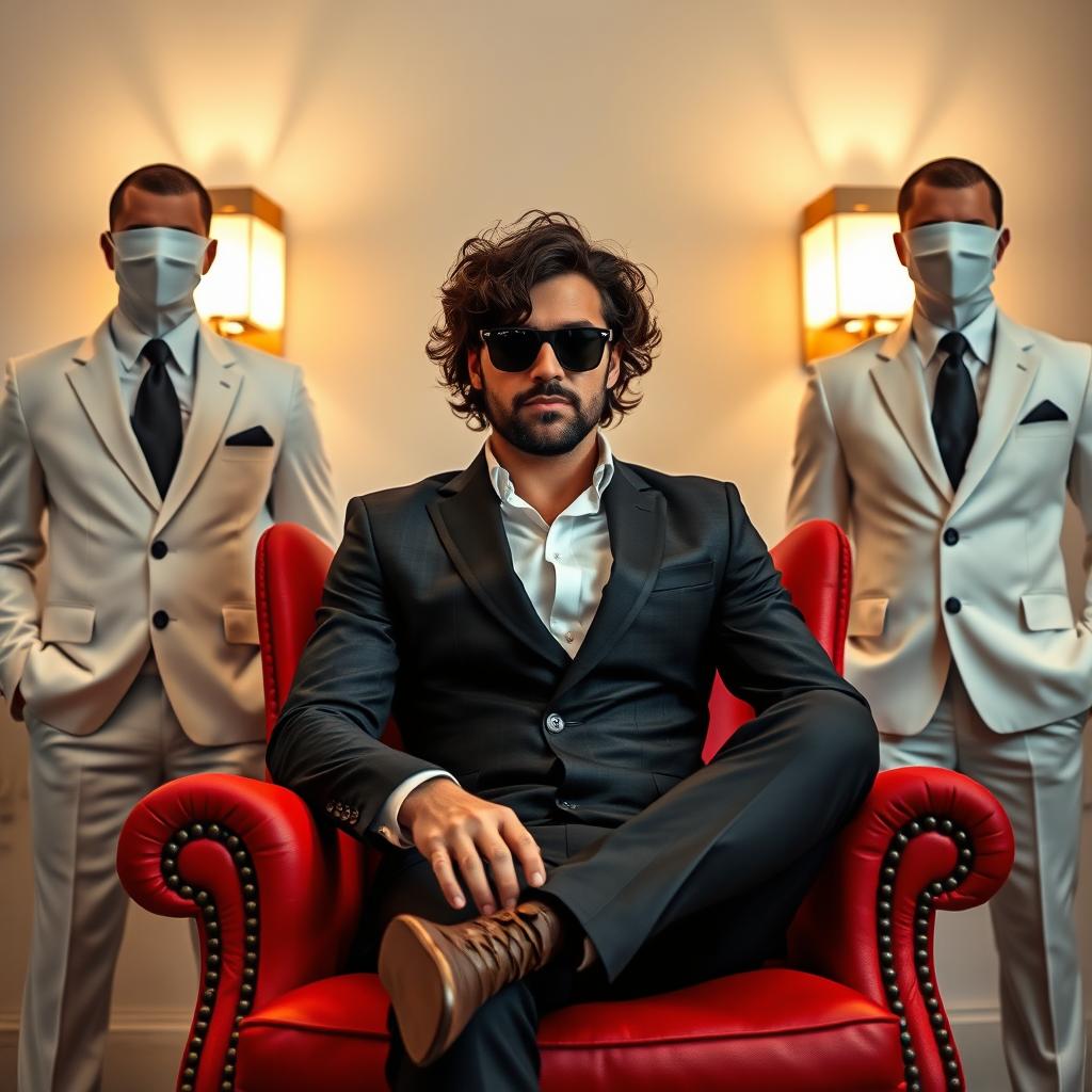 A dark medium brown wavy curly haired man wearing stylish sunglasses, comfortably seated on a classic red armchair