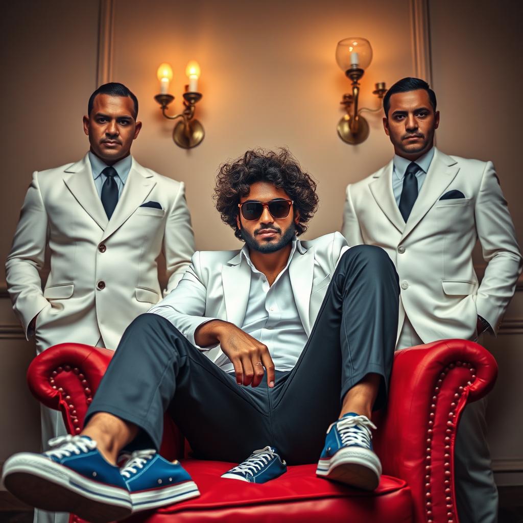A dark medium brown wavy curly haired man wearing stylish sunglasses and blue All-Star sneakers, casually seated on a classic red armchair