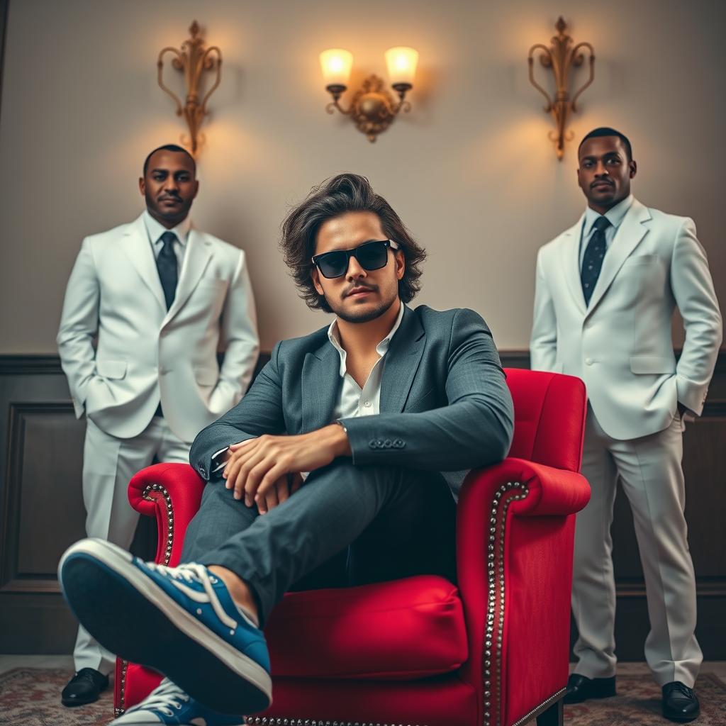 A stylish dark medium brown wavy curly haired man wearing sleek sunglasses, sitting confidently on a classic red armchair