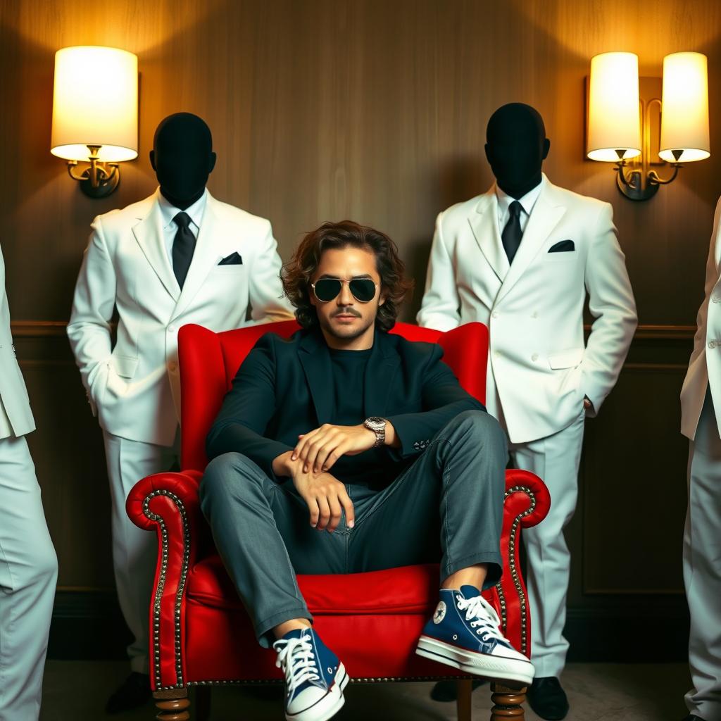 A stylish dark medium brown wavy curly haired man wearing sleek sunglasses, sitting confidently on a classic red armchair