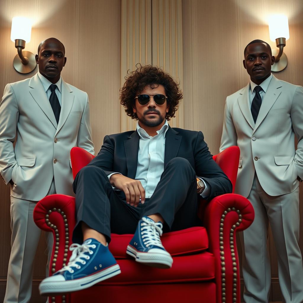 A dark medium brown wavy curly haired man wearing stylish sunglasses and blue All-Star sneakers, sitting comfortably on a classic red armchair