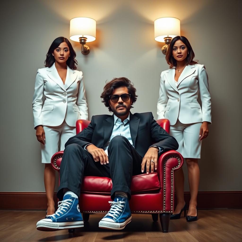 A dark medium brown wavy curly haired man wearing stylish sunglasses and blue All-Star sneakers, sitting comfortably on a classic red armchair