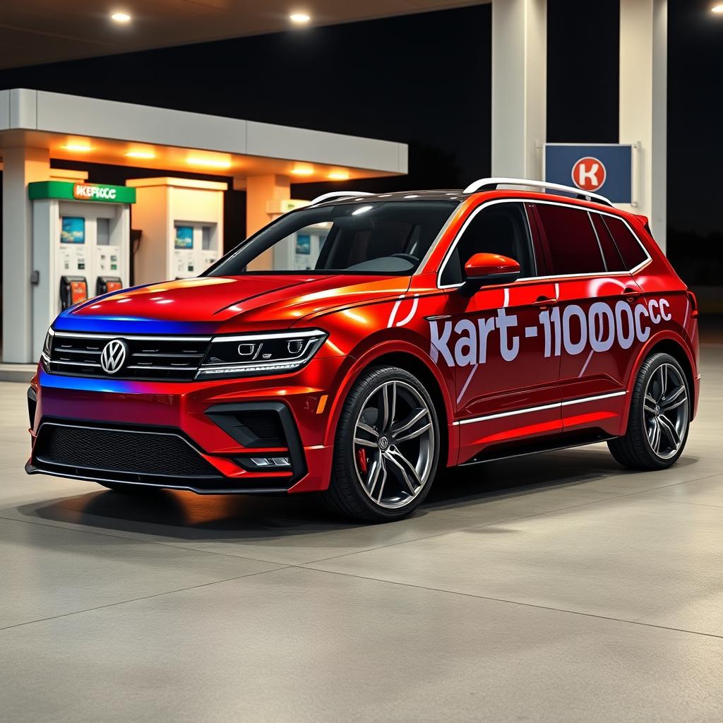 An ultra-realistic (8K) rendering of a Volkswagen Tiguan Allspace sports car, depicted in a 3/4 frontal angle split down the middle: the left half features a deep metallic blue, while the right half showcases a vibrant metallic red, both with a glossy finish and realistic reflections