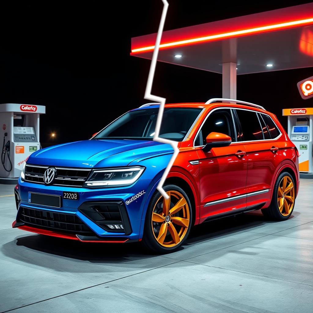 An ultra-realistic (8K) rendering of a sporty Volkswagen Tiguan Allspace, shown at a 3/4 frontal angle, split in half with a zig-zag cut: the left half in deep metallic blue and the right half in vibrant metallic red, featuring a glossy finish and realistic reflections