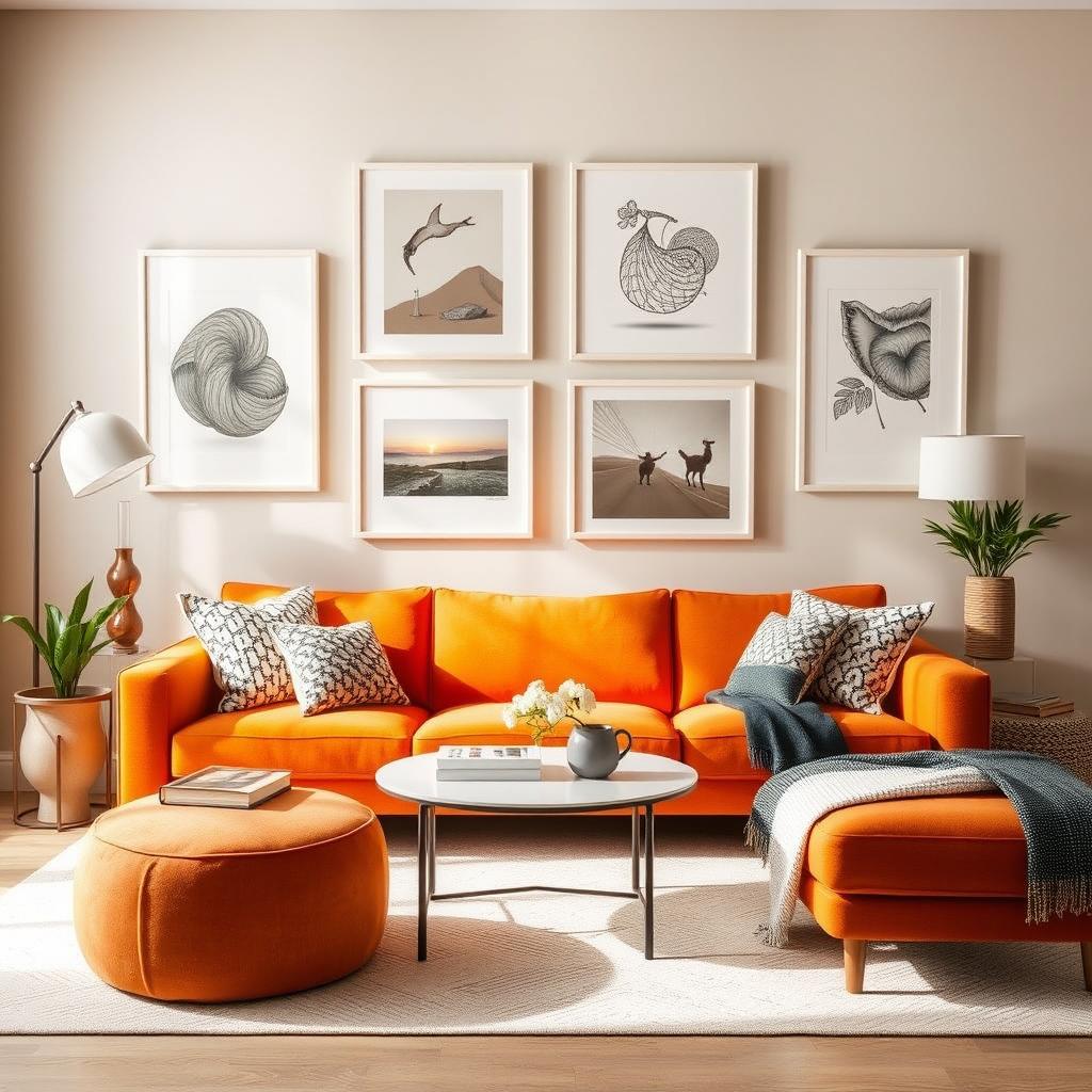 A beautifully designed living room featuring an orange sofa as the main focal point