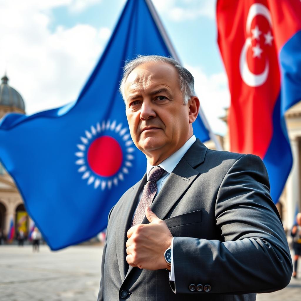 A powerful political scene set in the Republic Square of Armenia, featuring the Prime Minister of Armenia at the forefront, engaged in a confident pose