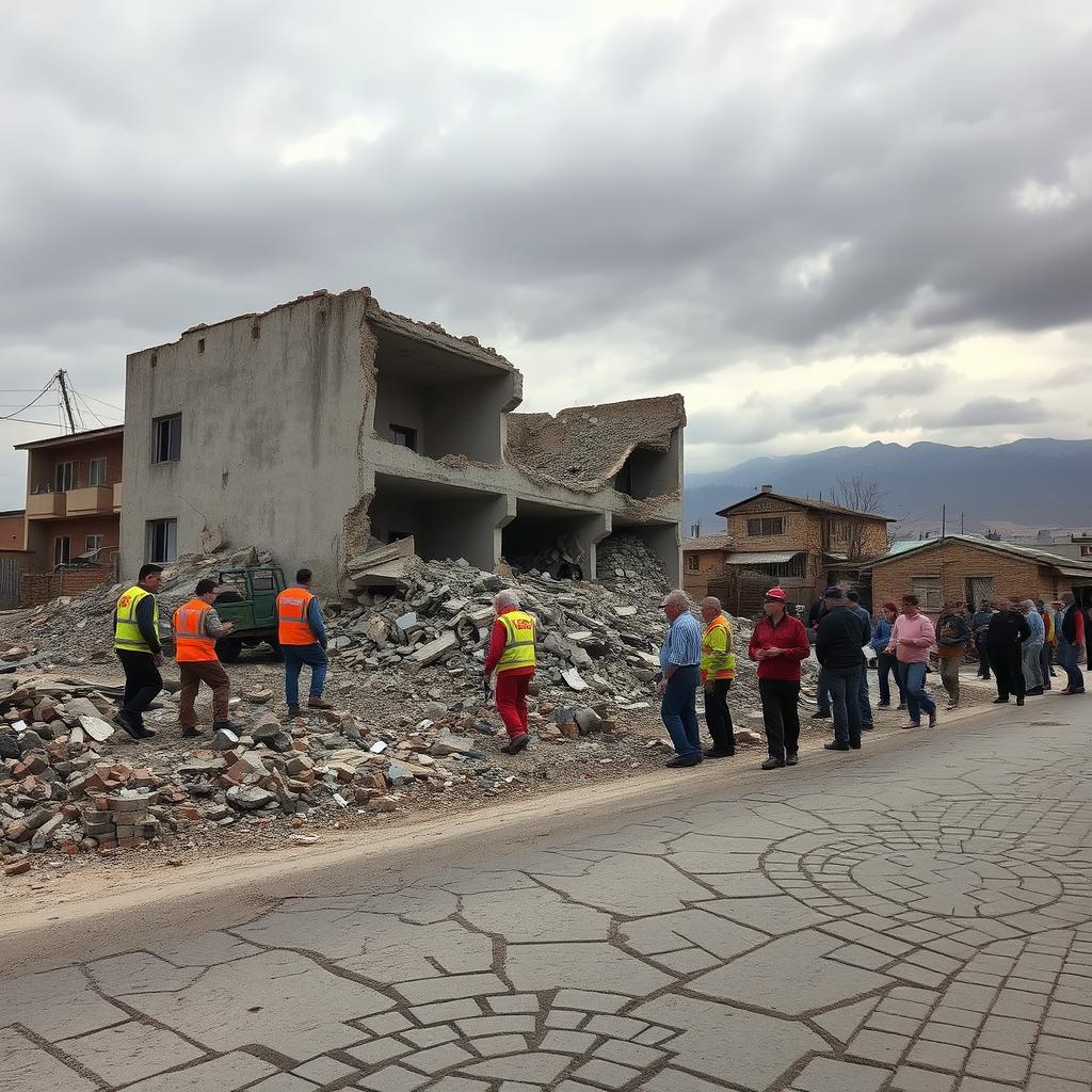 A dramatic scene depicting the aftermath of a powerful earthquake in Armenia