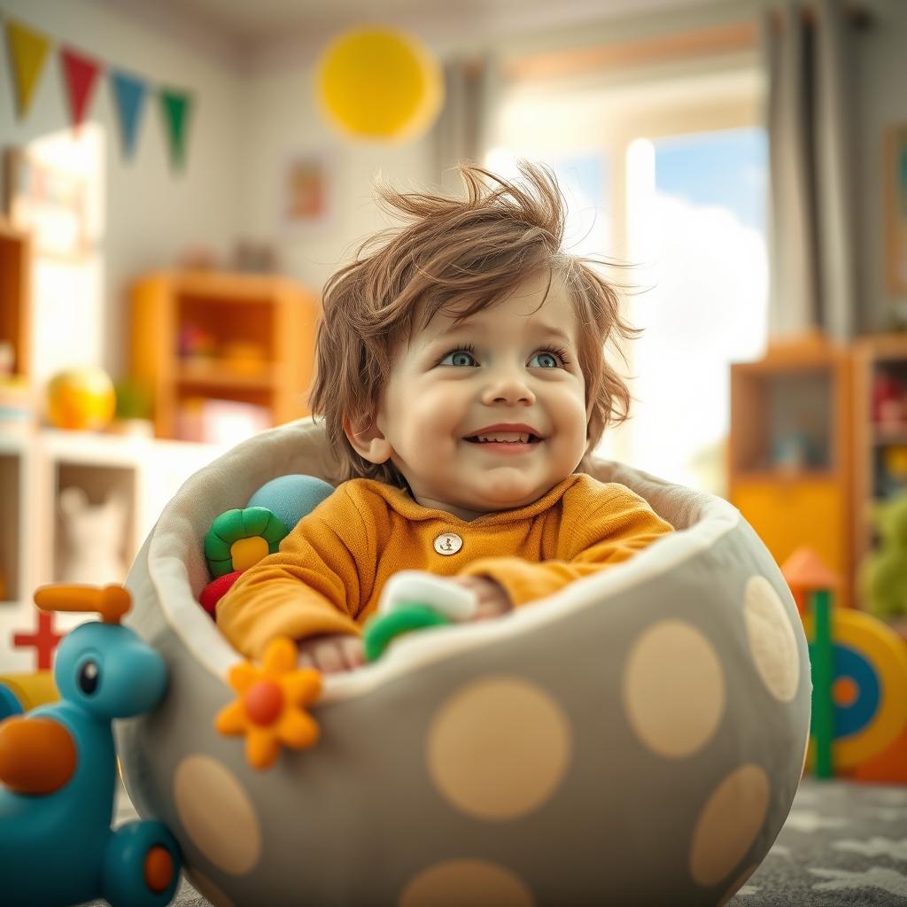 A young boy, resembling the cute child in the provided reference image, is nestled in a cozy, oversized egg-shaped chair, surrounded by playful, colorful toys