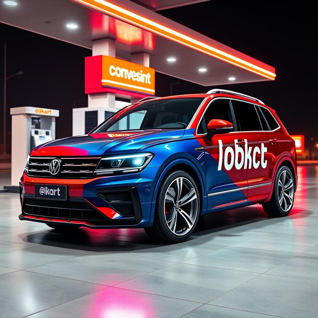 An ultra-realistic (8K) rendering of a sporty Volkswagen Tiguan Allspace, depicted from a 3/4 front angle, split down the middle with a zig-zag cut: the left half features a deep metallic blue, while the right half showcases a vibrant metallic red, both with a shiny finish and realistic reflections
