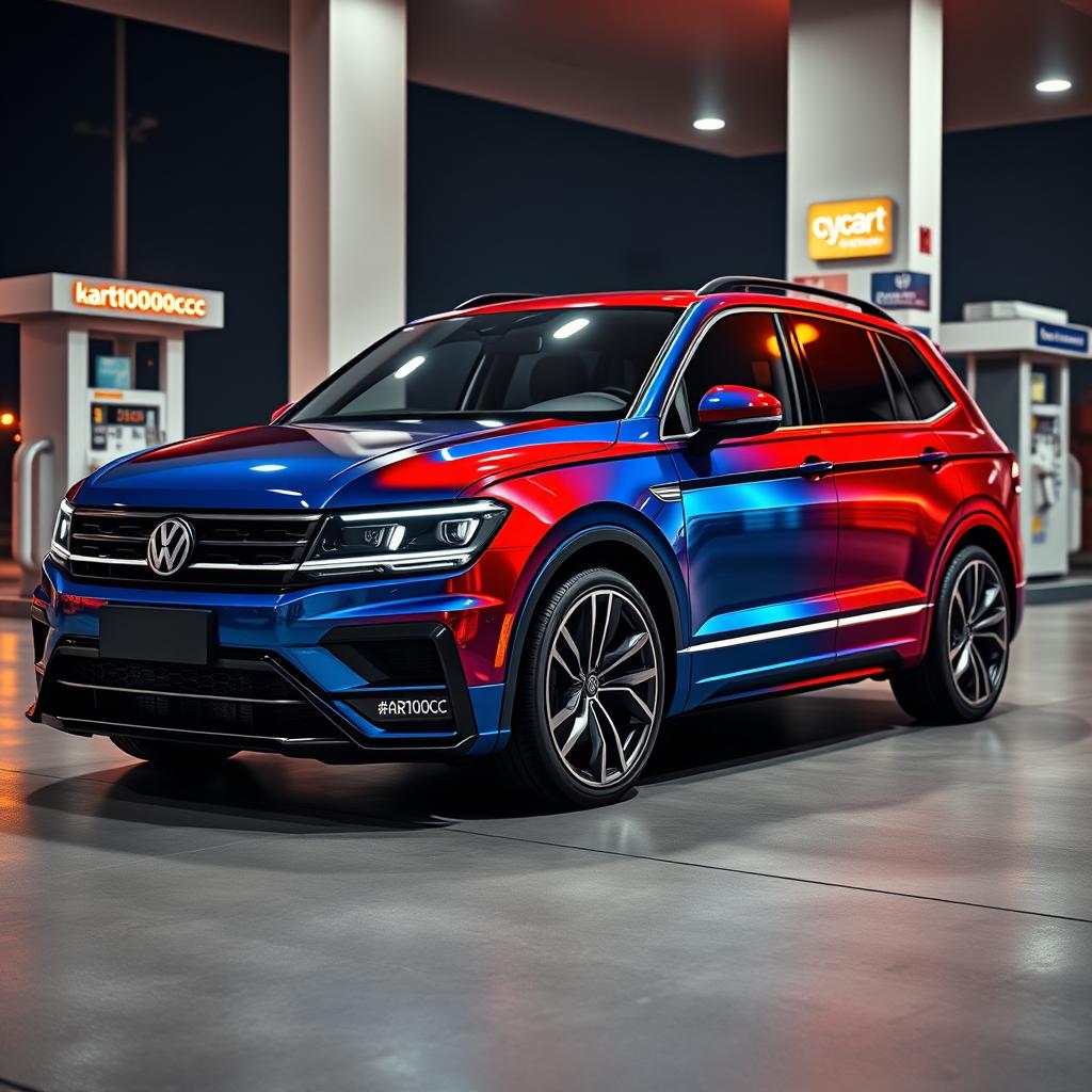 Ultra-realistic 8K render of a sporty Volkswagen Tiguan Allspace, in a 3/4 front angle, divided down the middle by a zig-zag cut: the left half in deep metallic blue, the right half in vibrant metallic red, featuring a glossy finish with realistic reflections