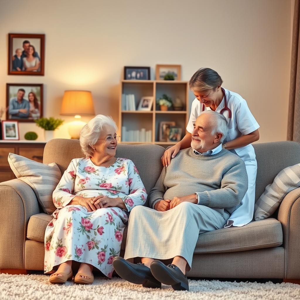 A photorealistic image depicting an elderly couple sitting comfortably on a couch, with the elderly woman dressed in a light floral dress and the elderly man in a cozy sweater