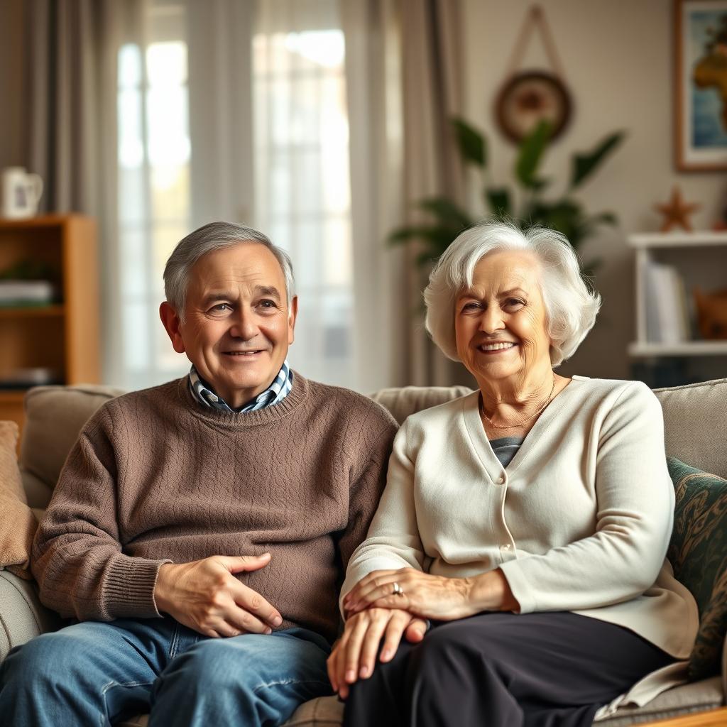 A photorealistic scene featuring an elderly couple, a man and a woman, sitting comfortably on a couch together