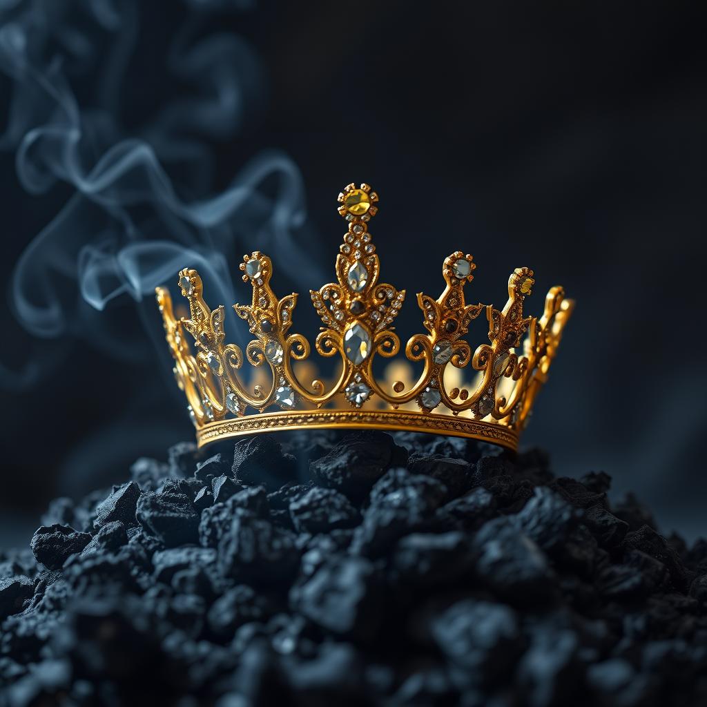 A stunning image of a golden crown emerging majestically from a pile of dark, smoldering ashes