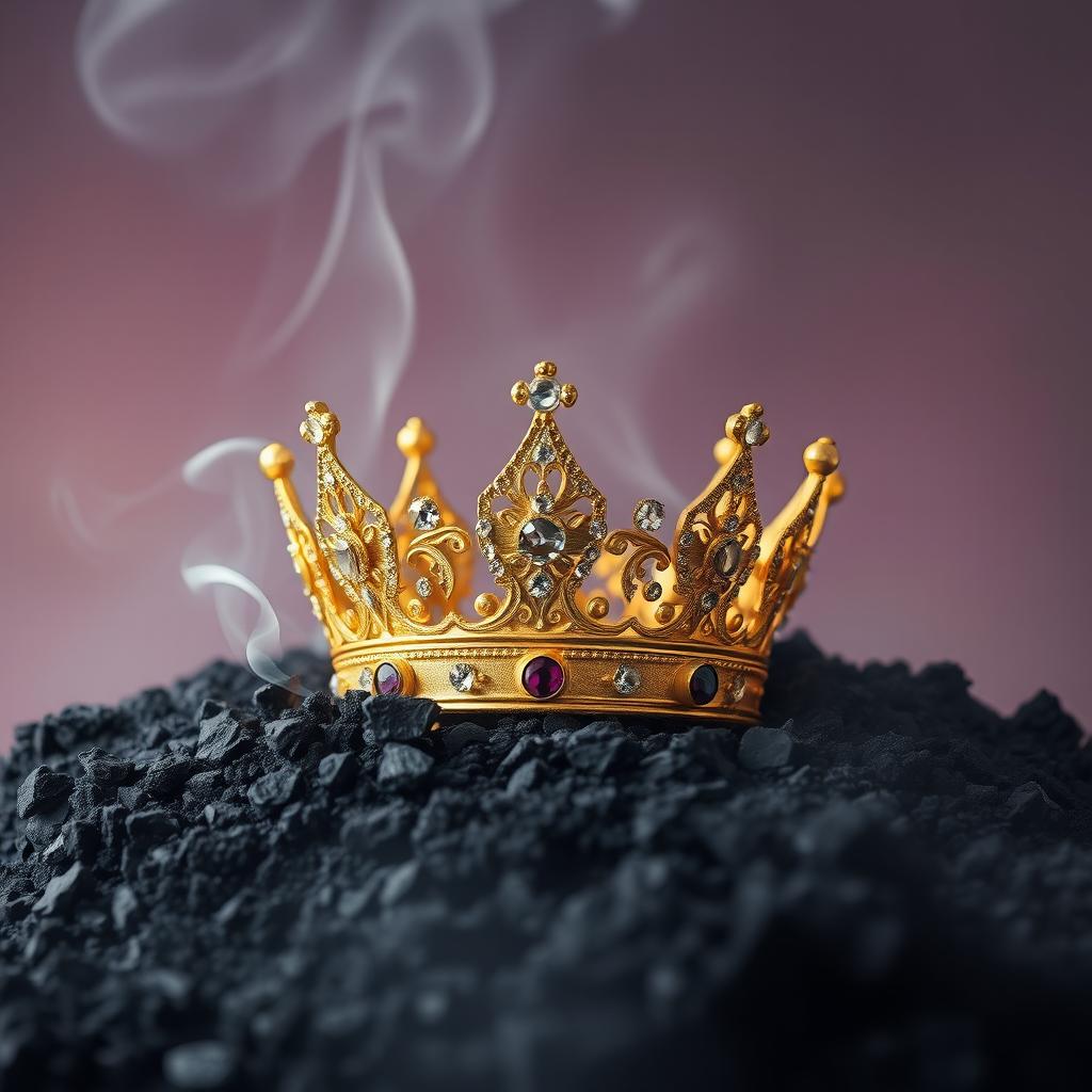 A stunning image of a golden crown emerging majestically from a pile of dark, smoldering ashes