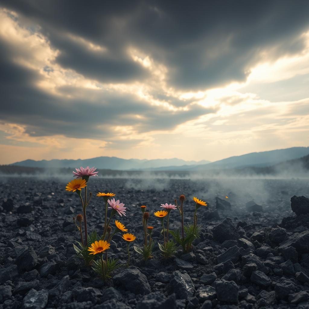 A stunning scene depicting beauty emerging from a desolate landscape filled with ashes