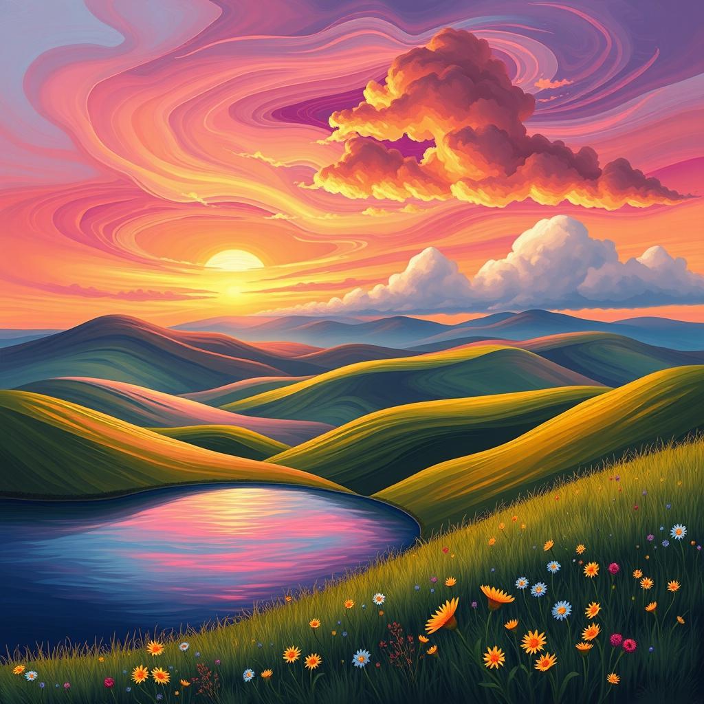 A beautiful abstract landscape featuring rolling hills and a vibrant sunset