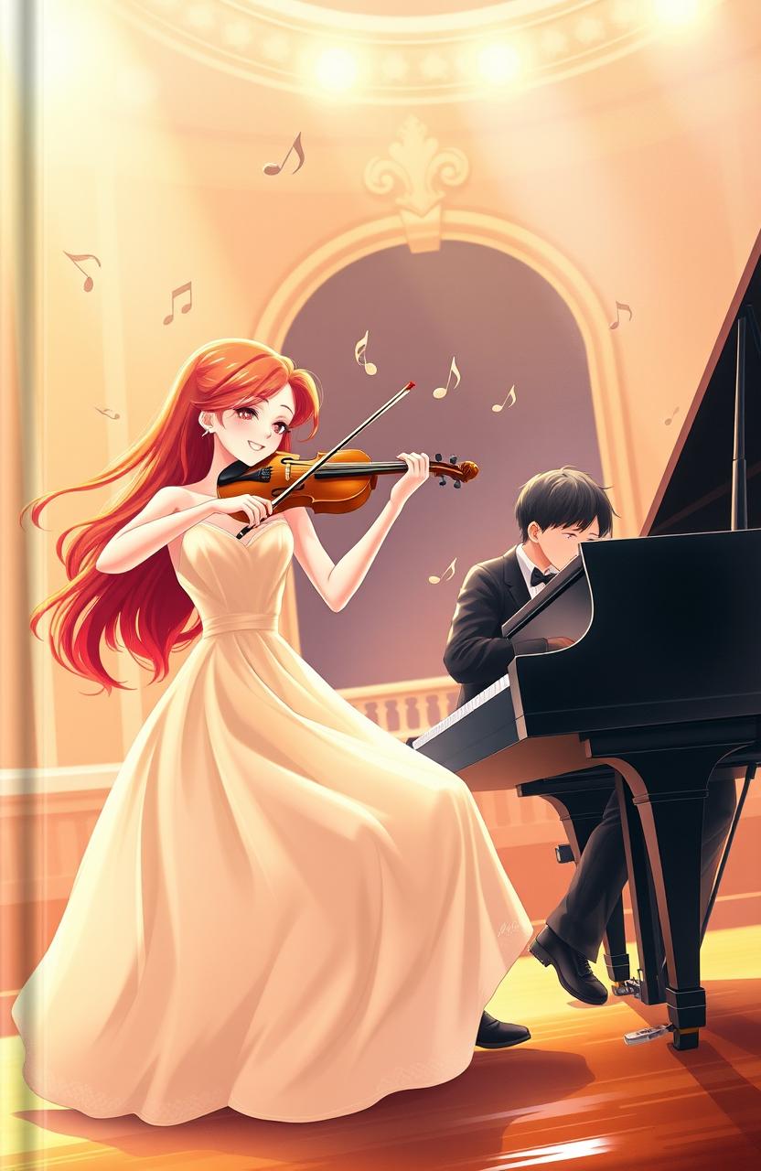 A stunning book cover illustrating two musicians: a female violinist with vibrant red hair, passionately playing her violin, and a male pianist seated at a grand piano, skillfully composing music