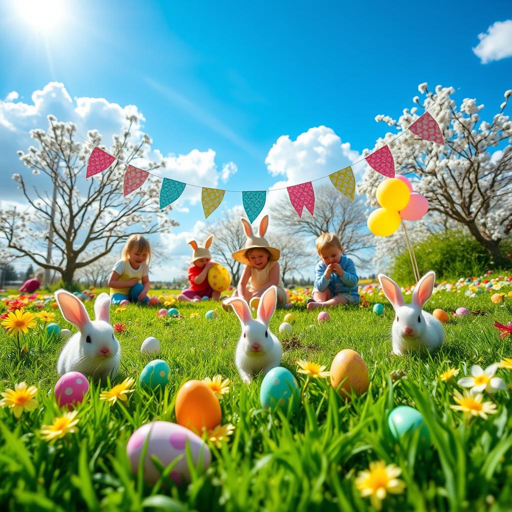 A festive Easter scene in Stordalbyygservice, with colorful Easter eggs hidden among vibrant flowers and lush green grass