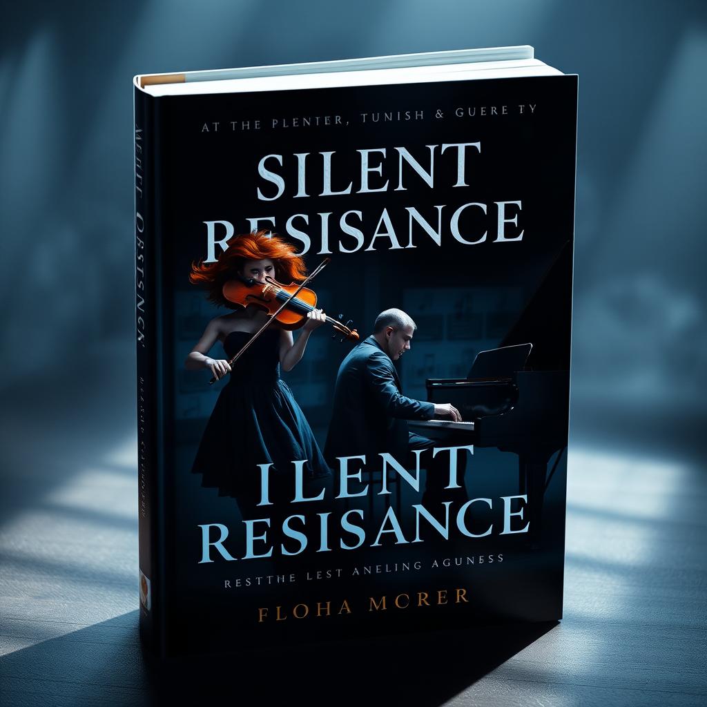 A dark and atmospheric book cover depicting a silent resistance of two musicians: a female violinist with fiery red hair, holding her violin with a determined expression, and a male composer seated at a grand piano, deep in thought with a shadowy aura around him