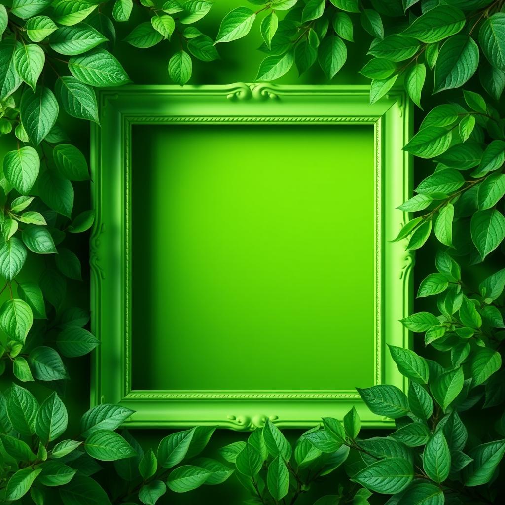 An artistic representation of a blank frame in the center, surrounded by a vibrant green background