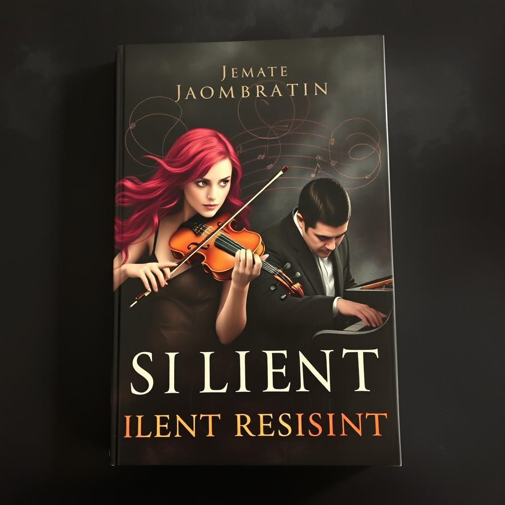 A dark and evocative book cover depicting the silent resistance of two musicians: a female violinist with striking red hair, poised with her violin, exuding strength and determination, and a male composer at a grand piano, his gaze intense and contemplative, surrounded by an air of tension