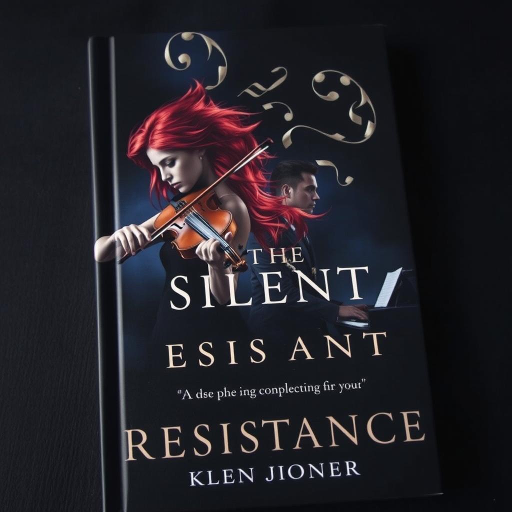 A dark and striking book cover showcasing the silent resistance of two musicians: a female violinist with fiery red hair, gripping her violin with intense focus, and a male composer/pianist sitting at a grand piano, his expression one of deep contemplation and resolve