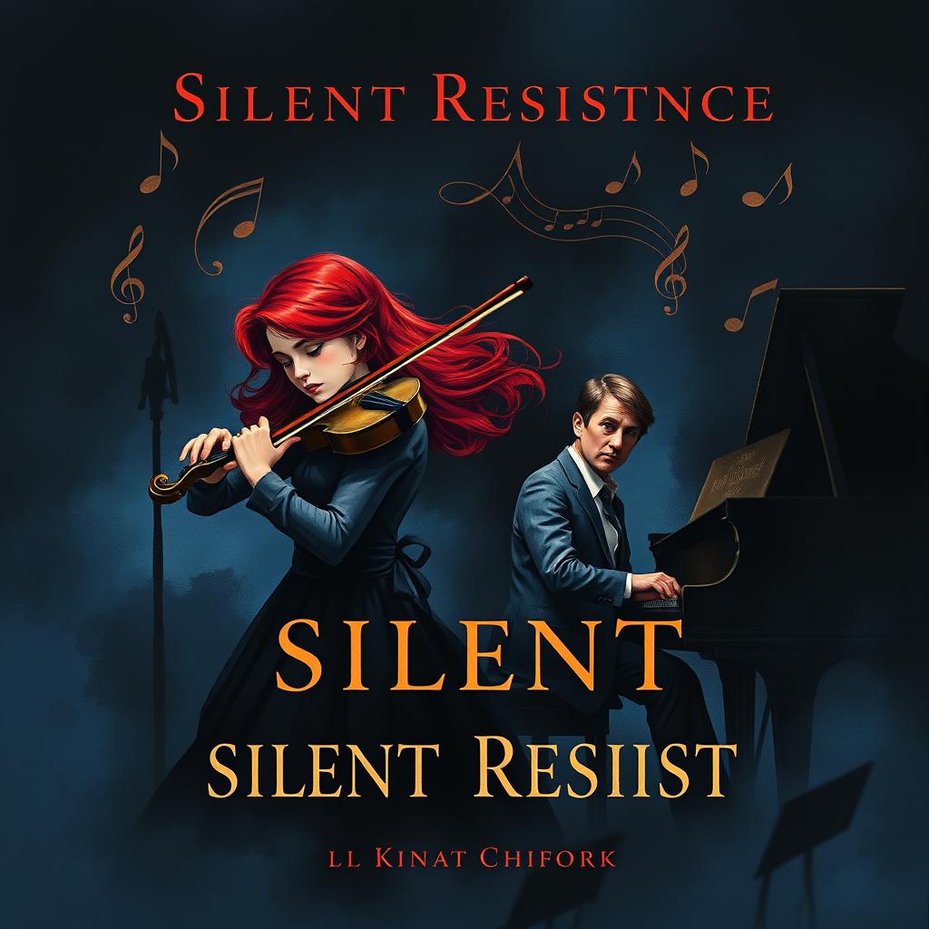 A dark and evocative book cover illustrating the silent resistance of two musicians: a young female violinist with vibrant red hair, gripping her violin with fierce determination, and a male composer seated at a grand piano, his expression contemplative and somber