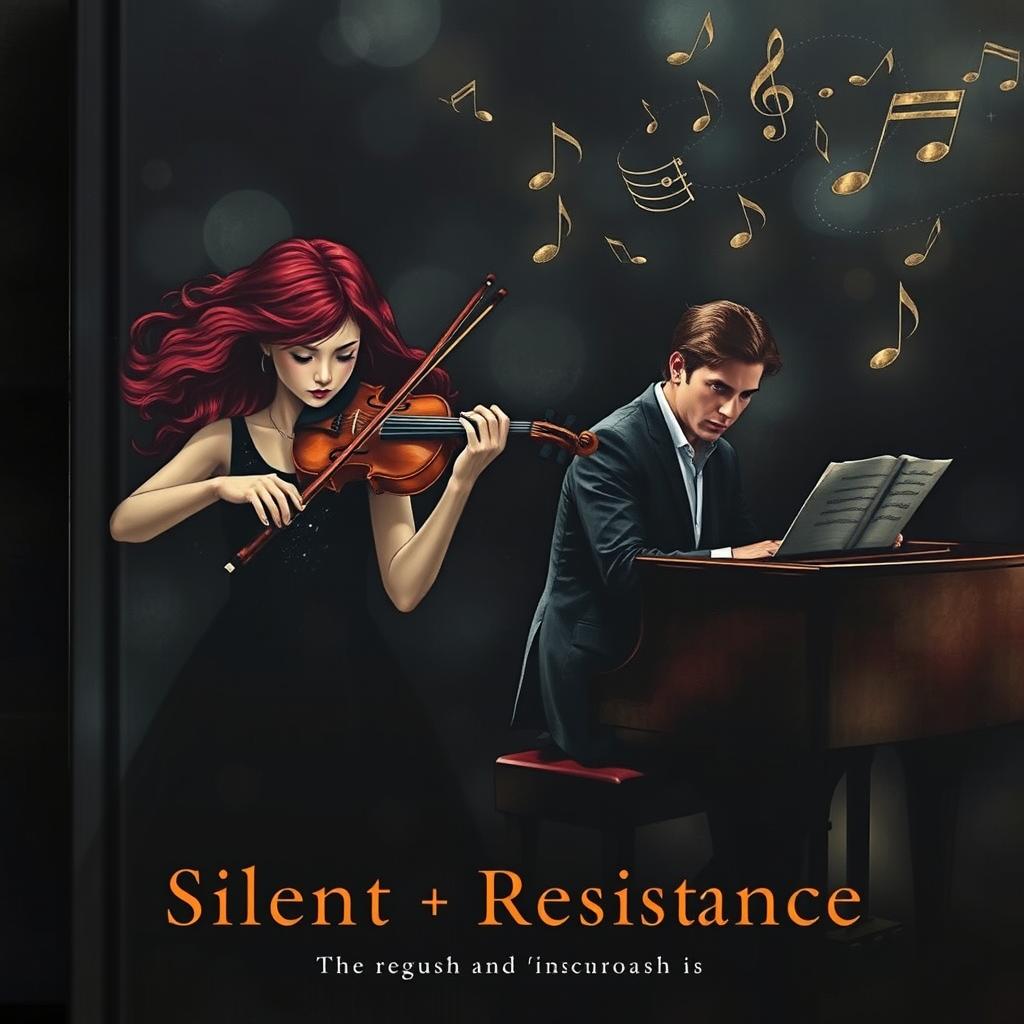 A dark and captivating book cover illustrating the silent resistance of two musicians: a young female violinist with vibrant red hair, gripping her violin tightly, embodying both grace and strength, alongside a male composer sitting at a grand piano, deep in thought with a resolute expression