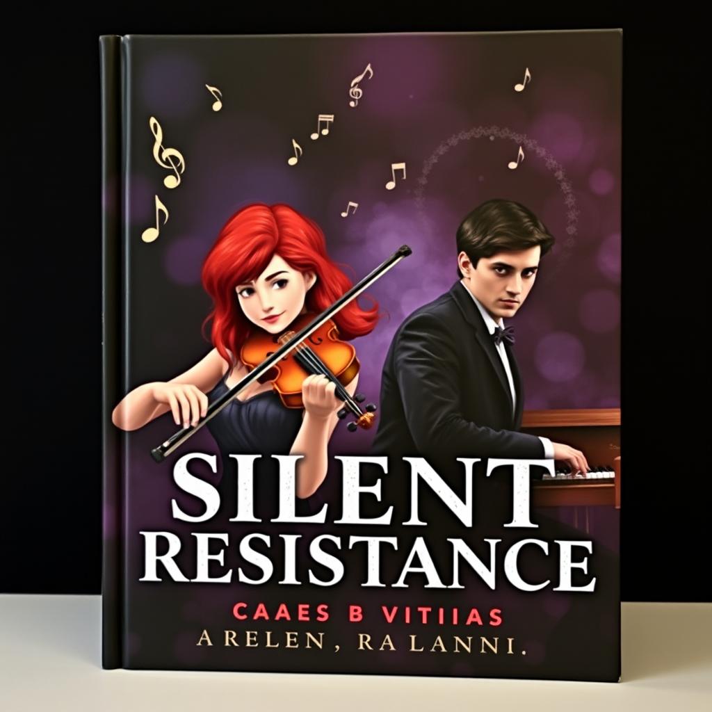 A dark and evocative book cover depicting the silent resistance of two musicians: a young female violinist with striking red hair, passionately holding her violin, and a young male composer seated at a grand piano, his gaze intense and thoughtful