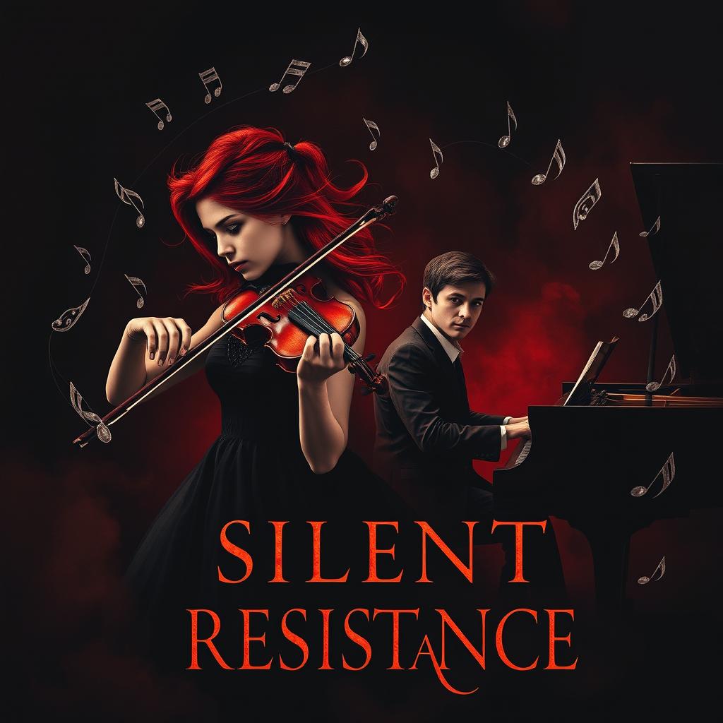 A dark and striking book cover representing the silent resistance of two musicians: a young female violinist with fiery red hair, passionately holding her violin, and a young male composer at a grand piano, his face set in determination
