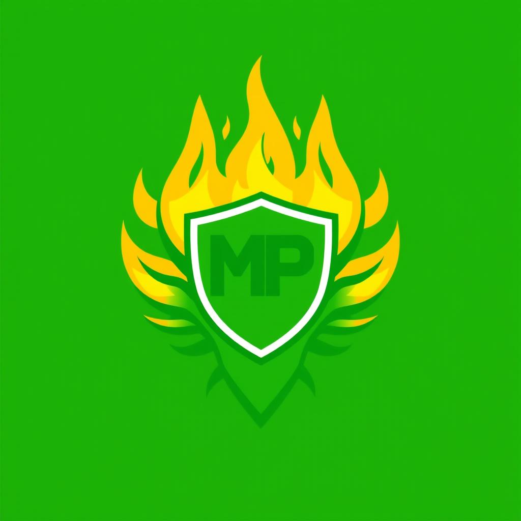 A vibrant green logo featuring flames in the center colored in bright yellow