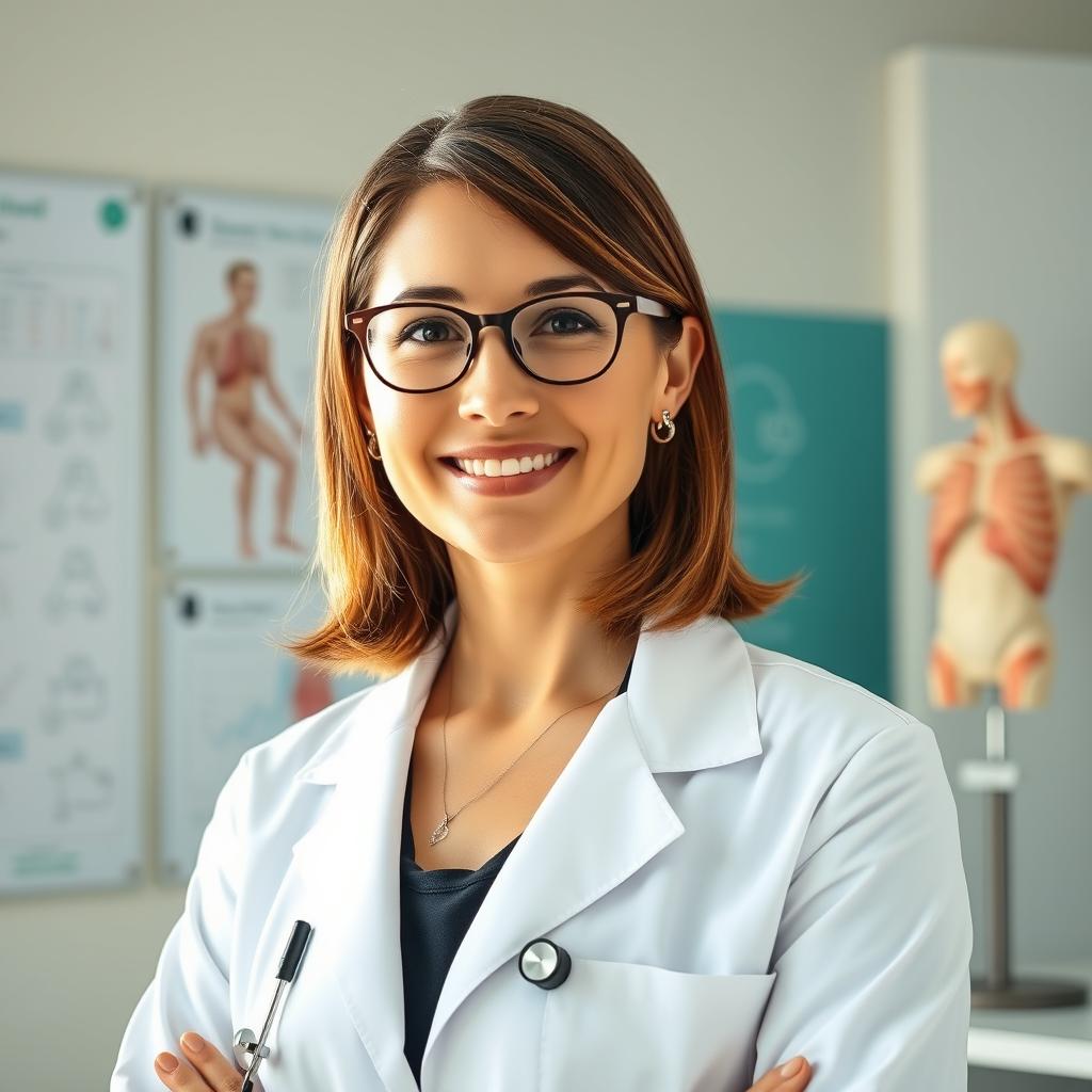 A confident and professional woman in a white lab coat, standing in a modern medical office