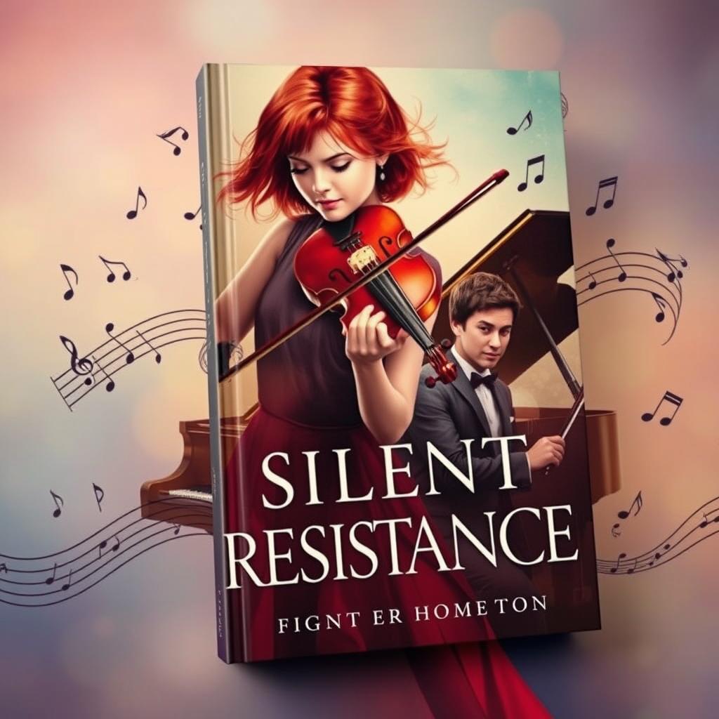 An artistic book cover depicting the theme of silent resistance through music, featuring a young female violinist with striking red hair, passionately poised with her violin, and a young male composer at a grand piano, his expression filled with determination