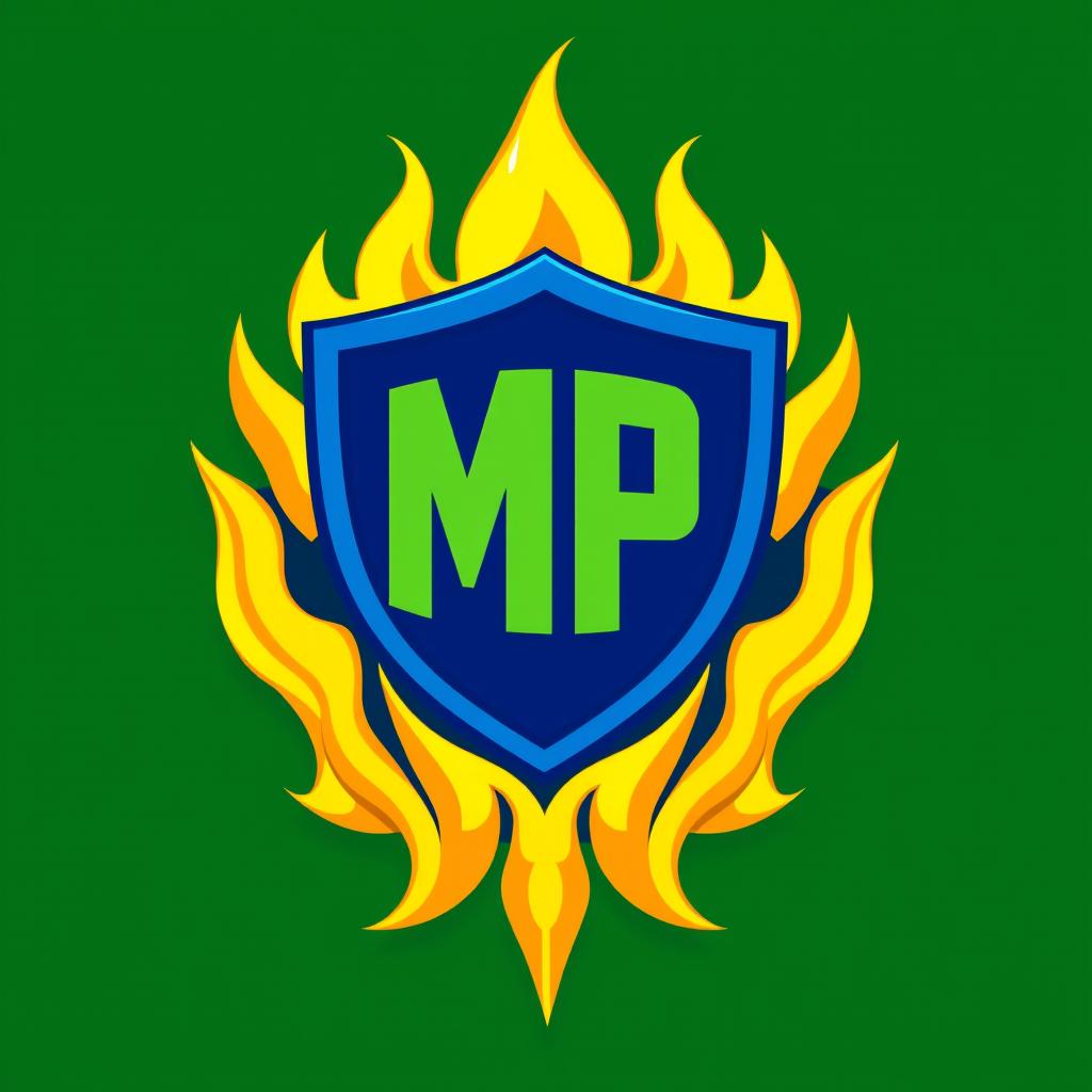 A vibrant green logo featuring flames in the center colored in bright yellow