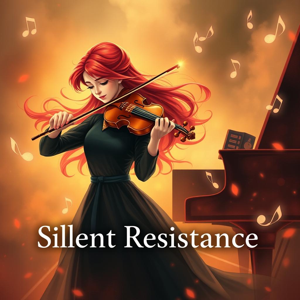 An artistic book cover illustrating the theme of silent resistance shared by two musicians: a young female violinist with flowing red hair, gracefully playing her violin, and a young male composer at a grand piano, his expression one of conviction and passion